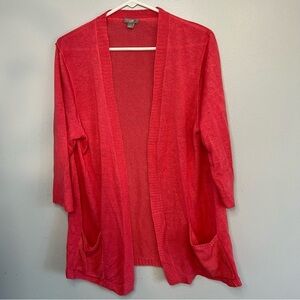 J Jill Linen Knit Open Front Cardigan Sz L Red Pocket Longline Travel Beach